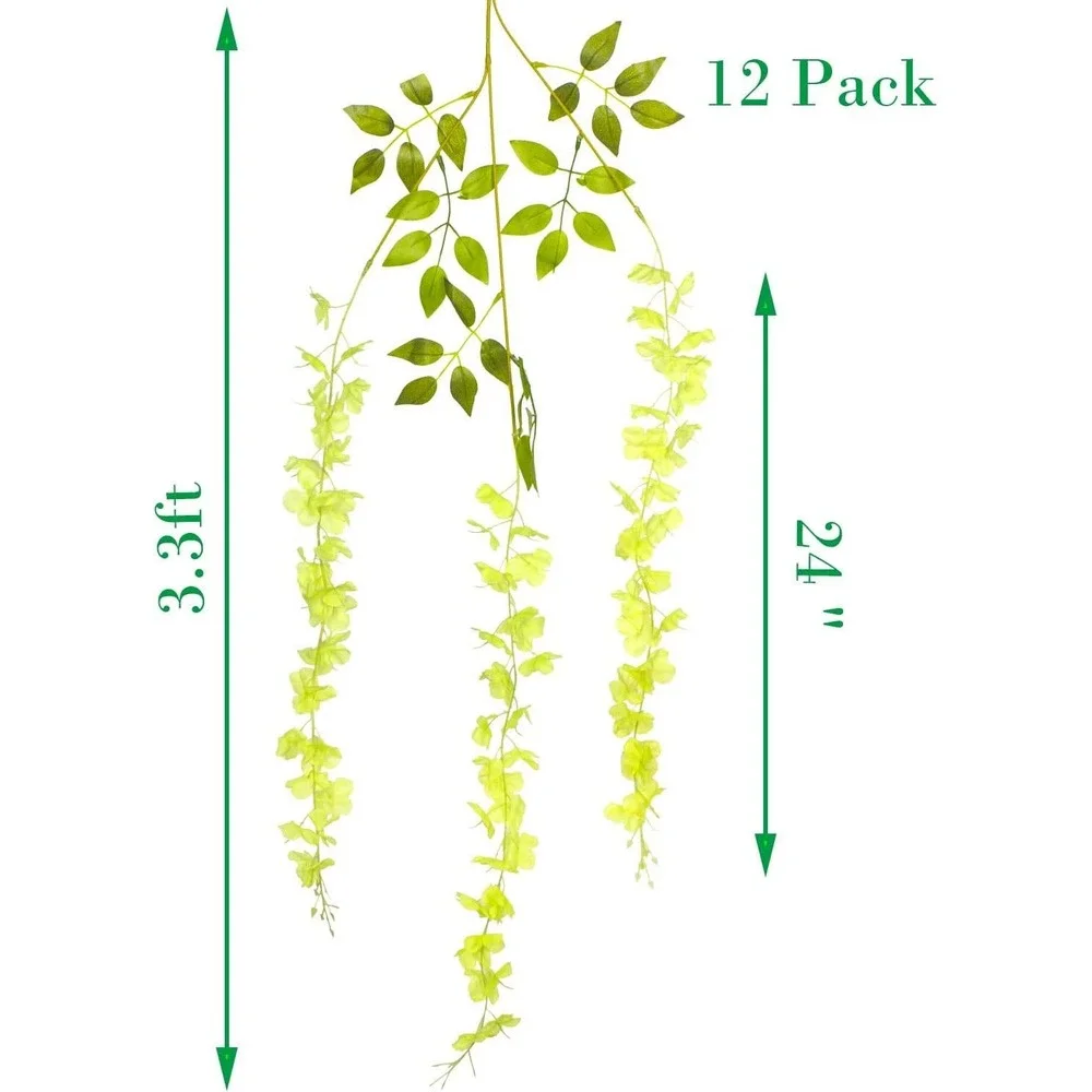 12 Pack Artificial Flowers Silk Wisteria Vine Ratta‎ Hanging Flower (Green)